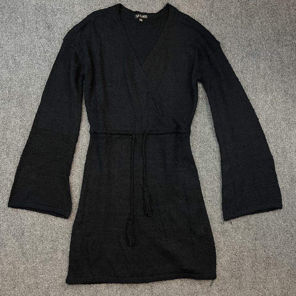 LA Class Black Knit Wrap Tunic Sweater Dress Belted Long Sleeve S/M